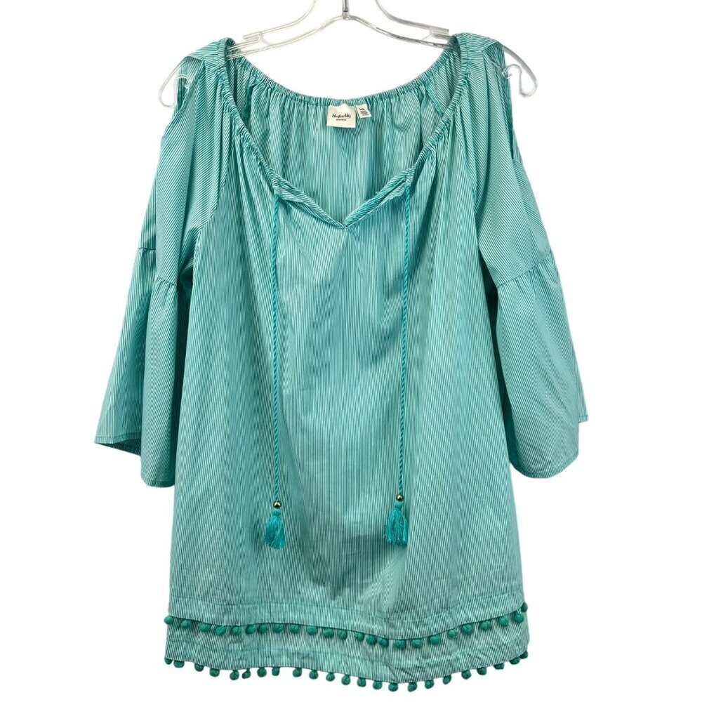 Rafaella Weekend 3/4 Sleeve Cold Shoulder Striped Blouse Womens Large Tassels